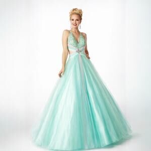 NWT Mac Duggal Cassandra Stone Mint Green Ball Gown Prom Dress 4732H – Size 2